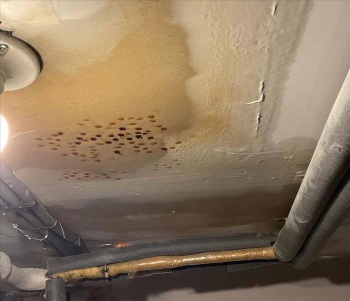 Basement ceiling water stains with some sagging and dark spots from heavy moisture saturation located near plumbing