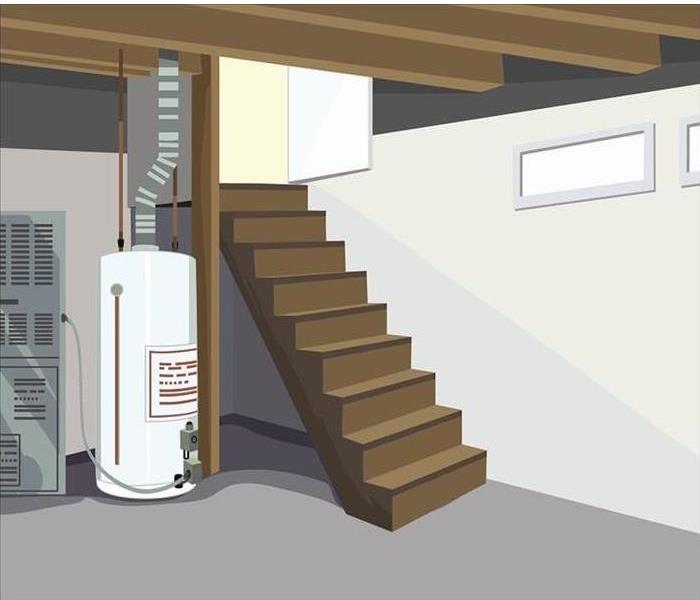 drawing of basement; including water heater and stairs